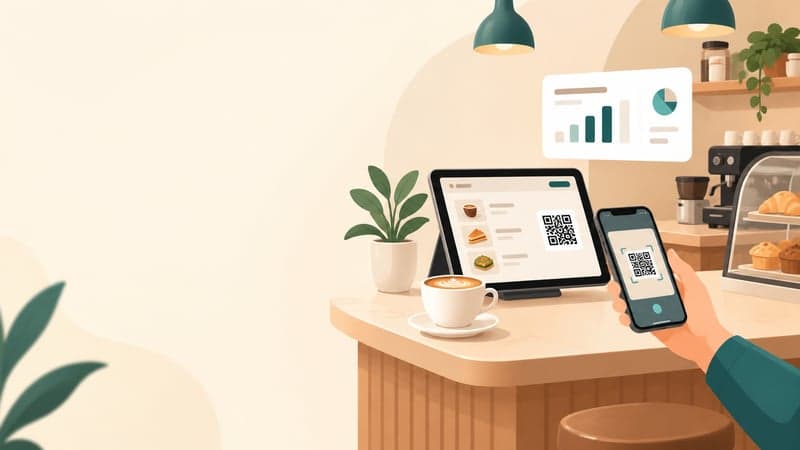 تصویر منوی دیجیتال QR و داشبورد مدیریت روی میز کافه