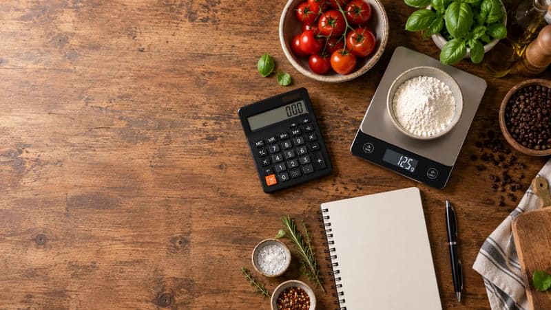 ماشینحساب، دفترچه دستور تهیه و مواد اولیه روی میز آشپزخانه برای محاسبه قیمت منو
